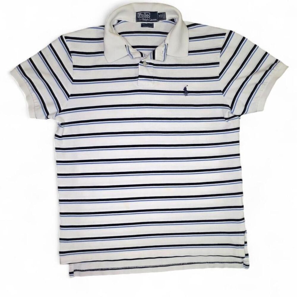 Polo Ralph Lauren Striped Polo Shirt White Navy Blue Cotton Custom Fit Medium